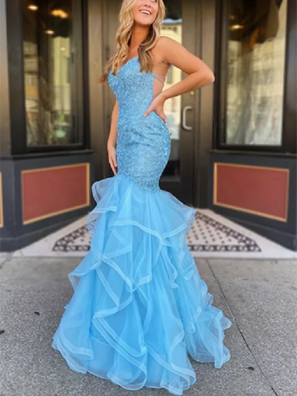 Mermaid Blue Tulle Backless Long Prom Dresses, Mermaid Blue Tulle Backless Long Formal Evening Dresses,DS3825 Mermaid Blue Tulle Backless Long Prom Dresses, Mermaid Blue Tulle Backless Long Formal Evening Dresses,DS3825