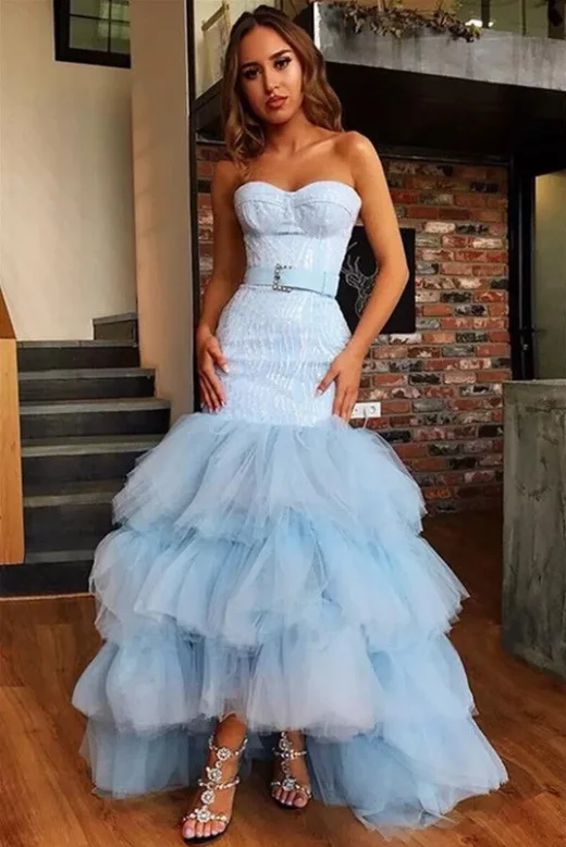 Light Blue Mermaid Strapless Tulle Prom Dresses , Prom outfits Bowknot Layers Evening Dresses,DS4428 Light Blue Mermaid Strapless Tulle Prom Dresses , Prom outfits Bowknot Layers Evening Dresses,DS4428