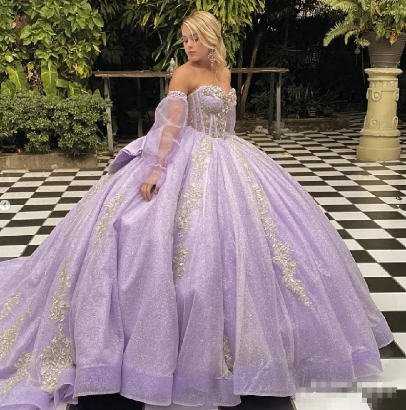 Lilac Lavender Princess Quinceanera Dresses with Long Sleeve Gillter Crystal Corset Lace-up vestidos de 15 años Prom Sweet 16 Lilac Lavender Princess Quinceanera Dresses with Long Sleeve Gillter Crystal Corset Lace-up vestidos de 15 años Prom Sweet 16