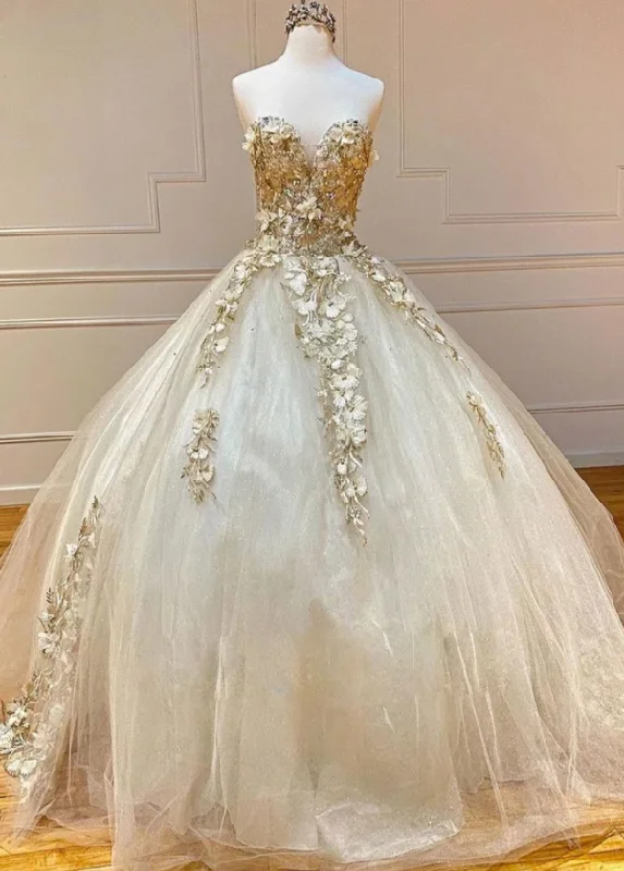 2021 Sweetheart Champagne Tulle Lace Long Formal Prom Dress, Evening Dress    cg17319