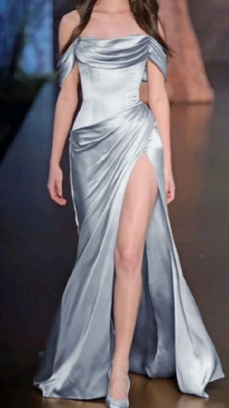 Blue Off The Shoulder Satin Pleated Prom Evening Dress Slit Party Dress cc2117