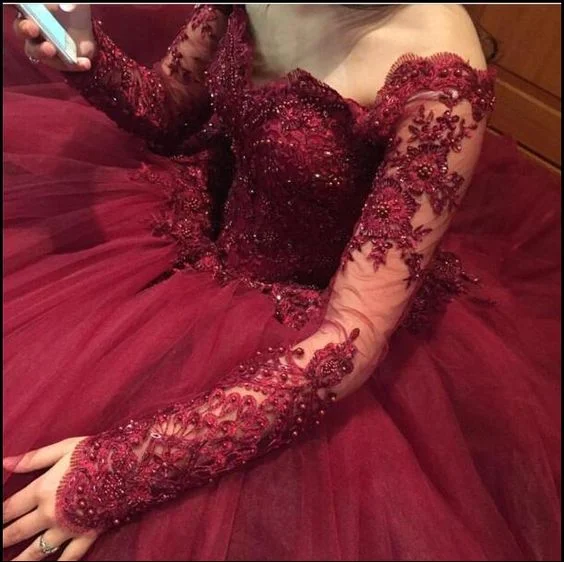 Burgundy Long Sleeves Quinceanera Dress Sweet 15 Dresses Ball Gown prom dress Wedding Gown cg16962 Burgundy Long Sleeves Quinceanera Dress Sweet 15 Dresses Ball Gown prom dress Wedding Gown cg16962