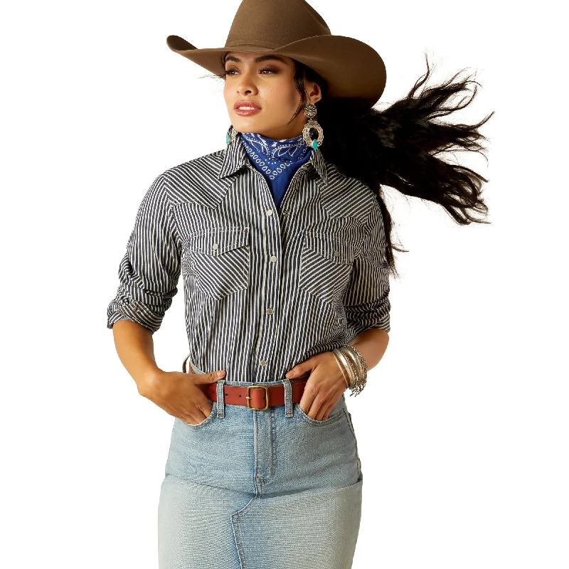 Ariat Ladies Railroad Indigo Stripe Button Down Shirt 10052967 Fitted T-Shirt Seamless Stretchy