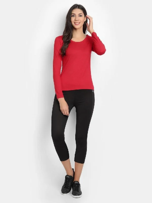 Bamboo Fabric Red T-Shirt for Women Welt Pockets Slit Pockets