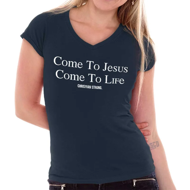 Christian Strong - Come To Jesus Printed - Junior Fitted V-Neck T-Shirt Handmade Hand-knitted Hand-woven Christian Strong - Come To Jesus Printed - Junior Fitted V-Neck T-Shirt Handmade Hand-knitted Hand-woven