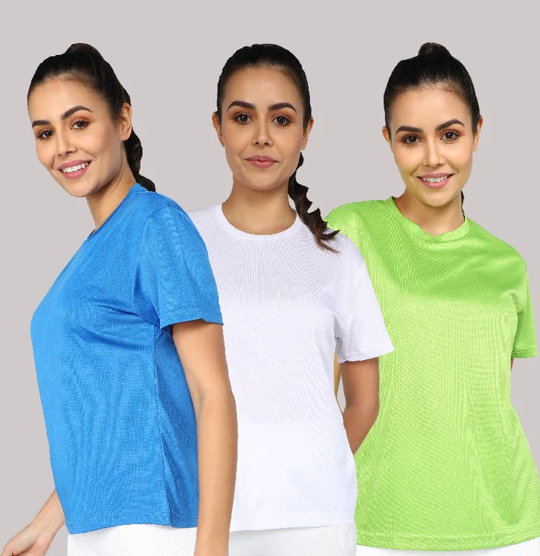 Womens Dry-Fit Sports Combo T.shirt (Blue,Green,White) Denim Fabric Leather Fabric Suede Fabric