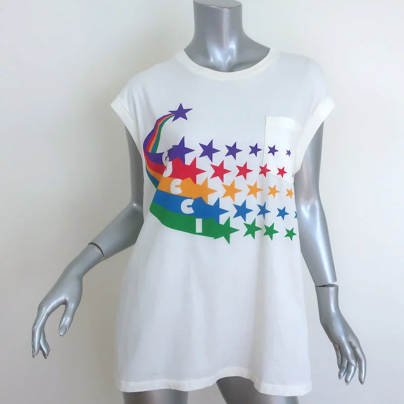 Gucci Shooting Star T-Shirt Cream Cotton Size Large Cap Sleeve Top Ribbed Striped Patterned