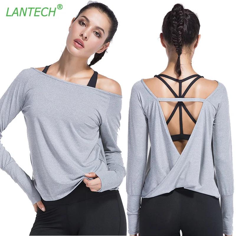 LANTECH Women Yoga Shirt Sports Running Sportswear Training Backless Fitness Exercise Gym Shirt Clothes Long Sleeve Jerseys Autumn Jersey Shirt