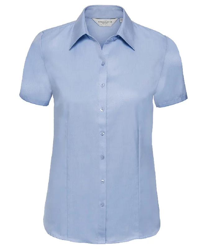 Light Blue - Women's short sleeve herringbone shirt Sequined Glittery Shiny