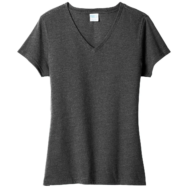 Port & Company Women's Black Heather Fan Favorite Blend V-Neck Tee Fitted T-Shirt Seamless Stretchy Port & Company Women's Black Heather Fan Favorite Blend V-Neck Tee Fitted T-Shirt Seamless Stretchy