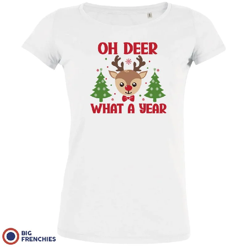 Oh Deer What A Year Christmas Women's Organic Cotton Tee Mesh Blend Leather Blend Suede Blend