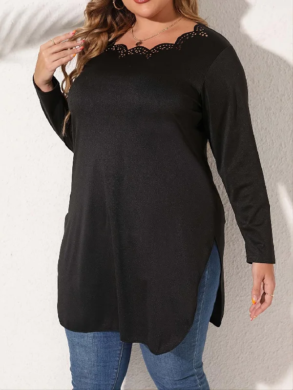 Plus Size Slit Long Sleeve T-Shirt Graphic Embroidered Appliqued