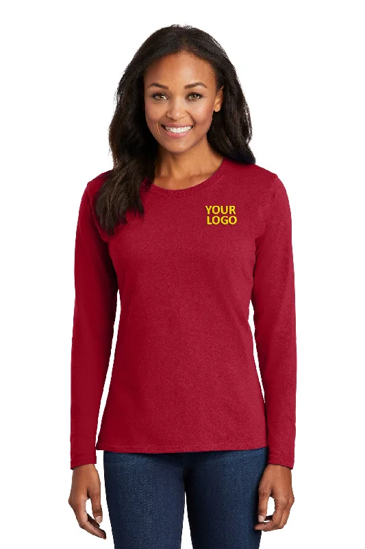 Port & Company Ladies Long Sleeve Customized Core Cotton Tee's, Red Fleece Fabric Down Fabric Feather Fabric