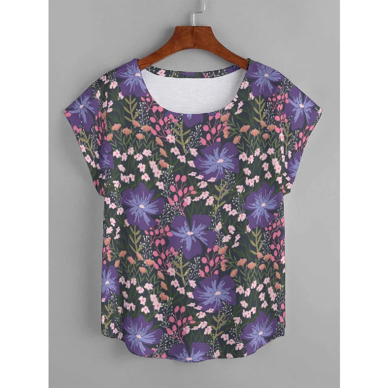 Purple Beauty | Curved Hem T-shirt (Plus Size) Print Jacquard Patchwork