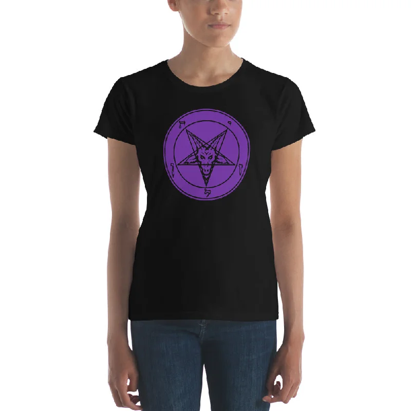 Purple Classic Sigil of Baphomet Goat Head Women's Short Sleeve Babydoll T-shirt Fashionable Trendy Casual