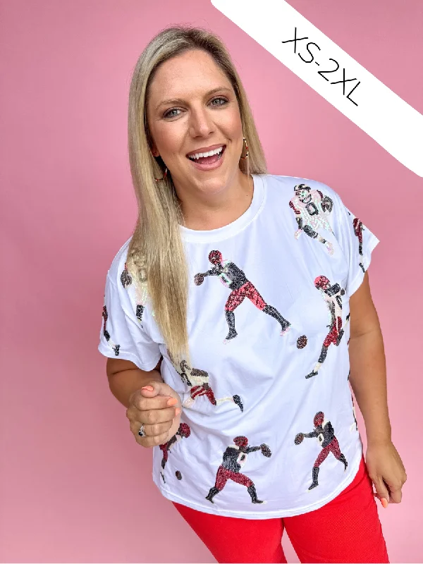 QUEEN OF SPARKLES | White, Black, & Red Scattered Football Players Tee Collared Crew Neck Turtle Neck QUEEN OF SPARKLES | White, Black, & Red Scattered Football Players Tee Collared Crew Neck Turtle Neck