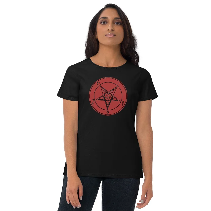 Red Classic Sigil of Baphomet Goat Head Women's Short Sleeve Babydoll T-shirt Mesh Fabric Canvas Fabric Denim Fabric