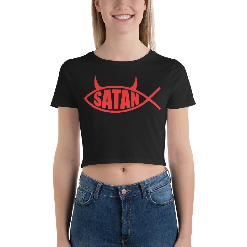 Red Ichthys Satan Fish with Horns Religious Satire Women’s Crop Tee Solid Color Striped Floral Red Ichthys Satan Fish with Horns Religious Satire Women’s Crop Tee Solid Color Striped Floral