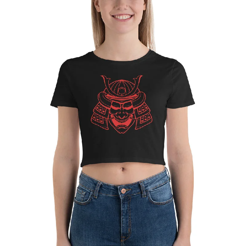 Red Samurai Warrior Kabuto Mempo Mask Women’s Crop Tee Notch Collar Peter Pan Collar Cowl Neck