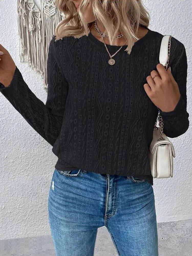 Solid Long Sleeve Women's Round Neck Hollow Top Simple Casual Shirt Nylon Fabric Polyester Fabric Spandex Fabric Solid Long Sleeve Women's Round Neck Hollow Top Simple Casual Shirt Nylon Fabric Polyester Fabric Spandex Fabric