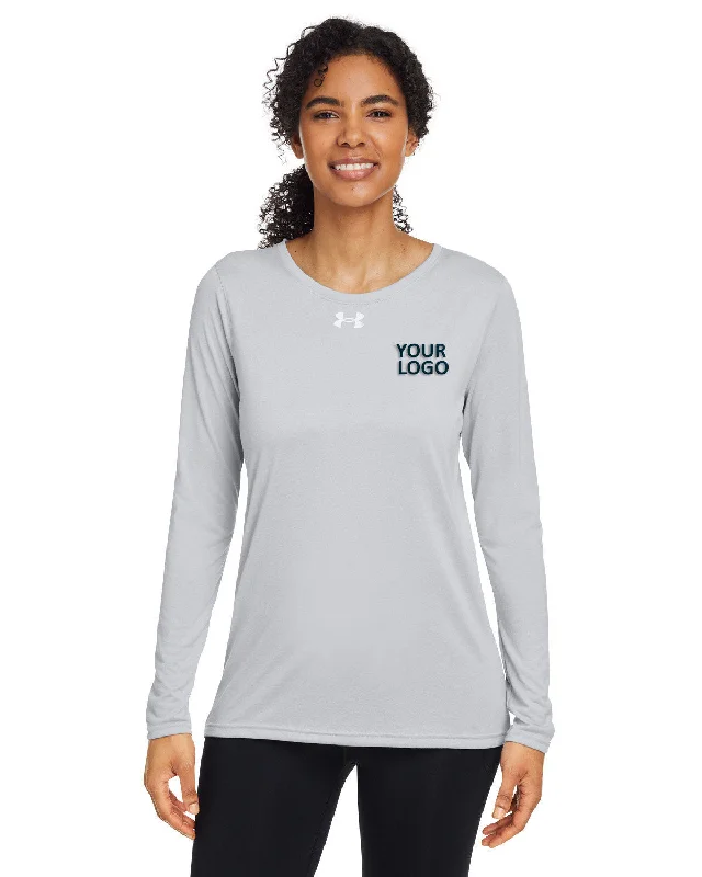 Under Armour Ladies Tech Long-Sleeve Customized T-Shirts, Medium Grey Collared Crew Neck Turtle Neck