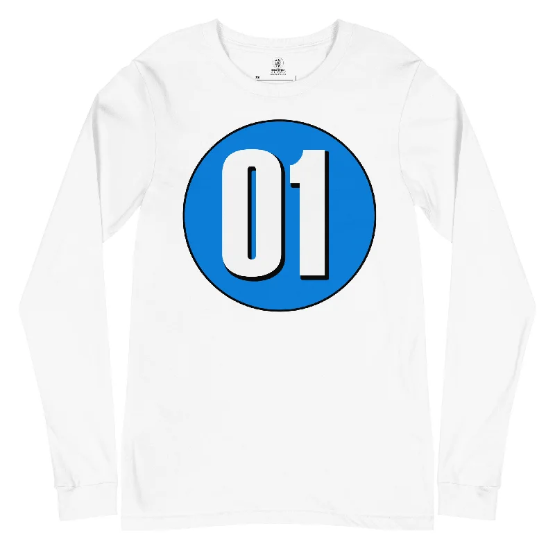 Unisex Long Sleeve Tee: White on Blue 01 Cozy Warm Stylish