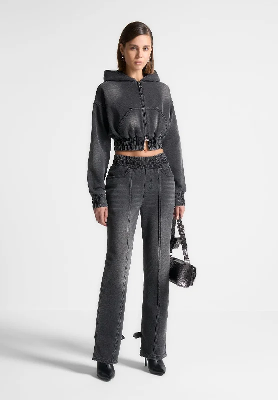 Washed Denim Jersey Joggers - Washed Black Textured Jersey Blouse