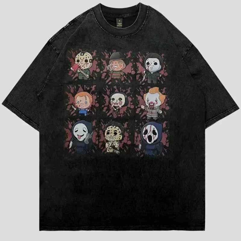 Halloween Cartoon Oversized Washed T Shirt Striped Floral Plaid