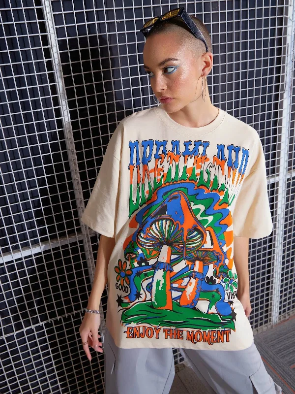 Women Beige DREAMLAND Printed Oversized T-Shirt Anti-Shrink Durable Soft