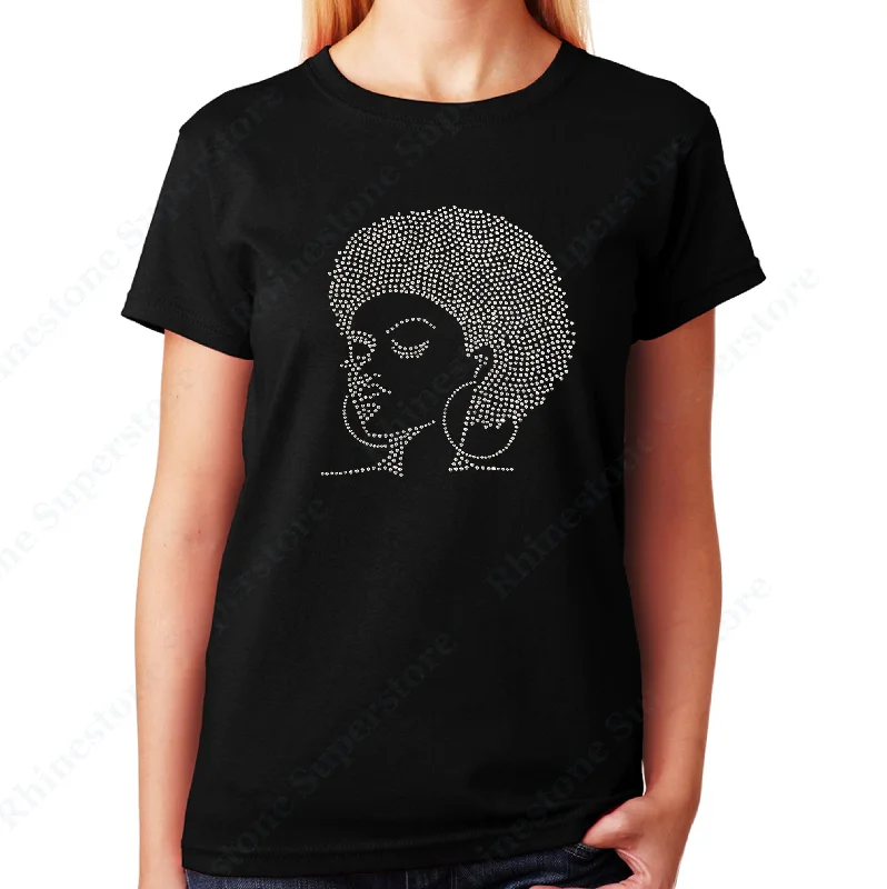 Women's / Unisex T-Shirt with Afro Girl with Hoop Earrings in Rhinestones Elegant Classic Vintage