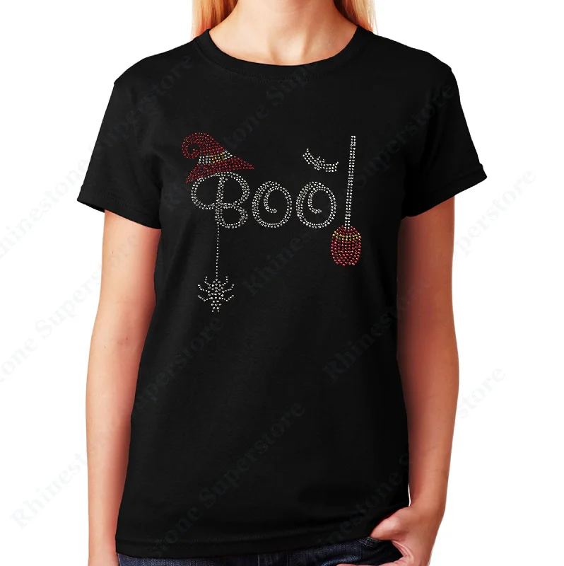 Women's / Unisex T-Shirt with Halloween Boo with Broom in Rhinestones Satin Fabric Silk Fabric Chiffon Fabric