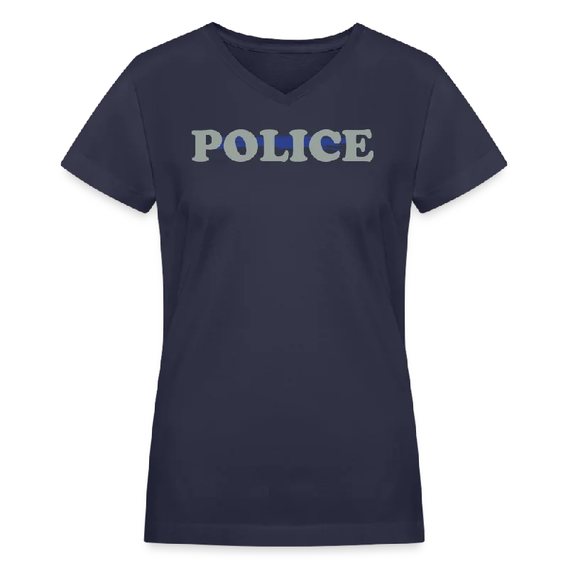 Women's V-Neck T-Shirt - Police Blue Line Knit Fabric Woven Fabric Fleece Fabric