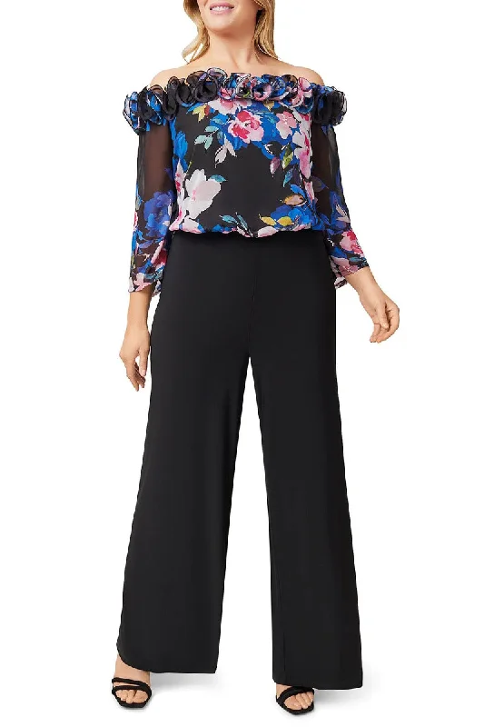 Adrianna Papell Off Shoulder Ruffled Neck 3/4 Sleeve Floral Print Bodice Zipper Back with Stretch Jersey Pants (Plus Size) Casual Jersey Blouse