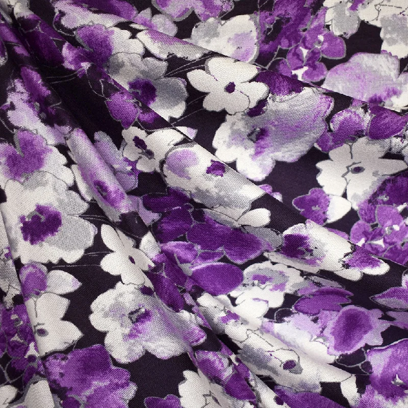 Watercolor Floral Outline Rayon Jersey Knit Purple/Black Luxury Jersey Tee