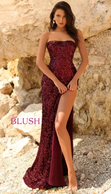 Blush Prom 20538 Ruby Strapless Velvet Sequin Jersey Fit-n-Flare with Dramatic High Side Slit Gold Jersey Tee