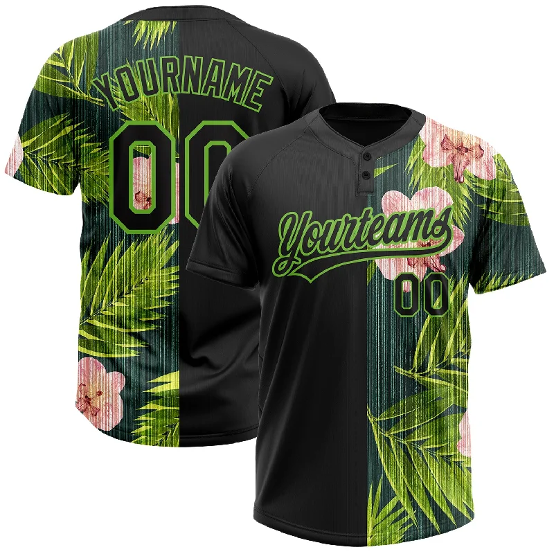 Custom Black Neon Green 3D Pattern Hawaii Tropical Palm Leaves With Orchids Two-Button Unisex Softball Jersey Halter Neck Jersey Tee