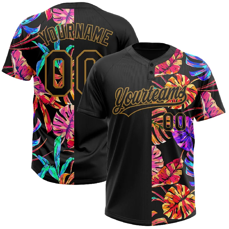 Custom Black Old Gold 3D Pattern Hawaii Tropical Palm Leaves Two-Button Unisex Softball Jersey Lightweight Jersey Top