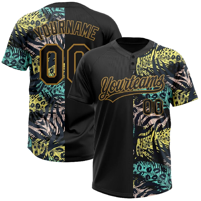 Custom Black Old Gold 3D Pattern Hawaii Tropical Palm Leaves With Animal Print Two-Button Unisex Softball Jersey Comfortable Jersey Tee