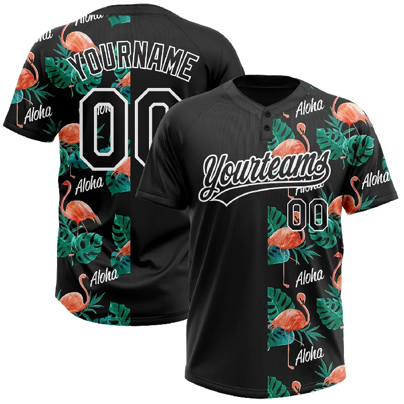 Custom Black White 3D Pattern Hawaii Flamingos And Leaves Two-Button Unisex Softball Jersey Bronze Jersey Tee