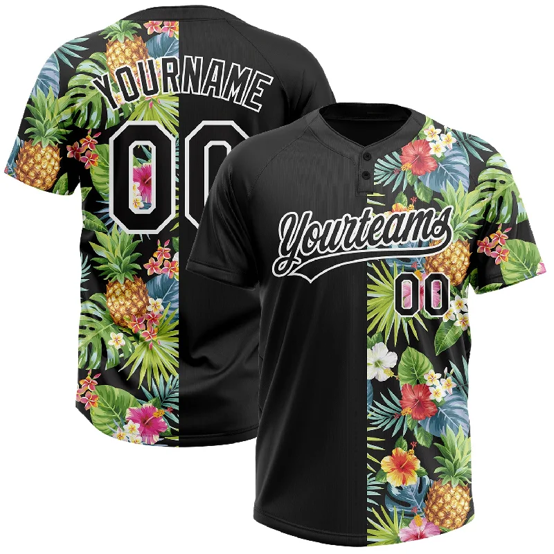 Custom Black White 3D Pattern Hawaii Tropical Pineapples, Palm Leaves And Flowers Two-Button Unisex Softball Jersey Summer Jersey Tee