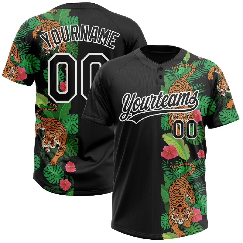 Custom Black White 3D Pattern Hawaii Tropical Tiger Two-Button Unisex Softball Jersey Pastel Jersey Tee