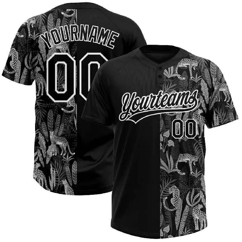 Custom Black White 3D Pattern Leopards And Tropical Palm Leaves Two-Button Unisex Softball Jersey Sky Blue Jersey Tee