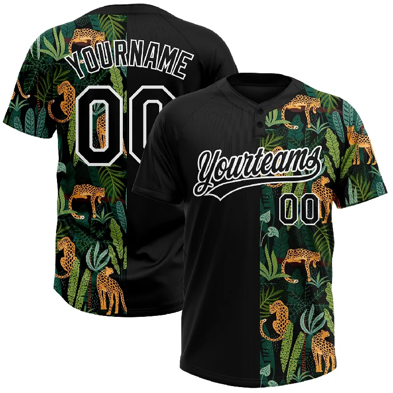 Custom Black White 3D Pattern Leopards And Tropical Palm Leaves Two-Button Unisex Softball Jersey Holiday Jersey Tee