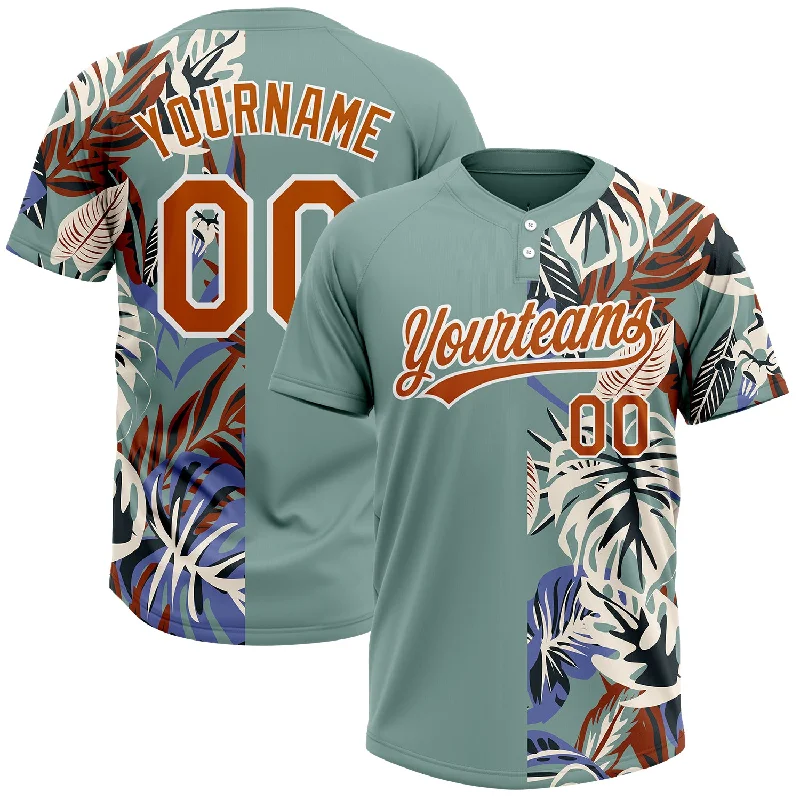 Custom Teal Texas Orange-White 3D Pattern Hawaii Tropical Palm Leaves Two-Button Unisex Softball Jersey Bright Color Jersey Top