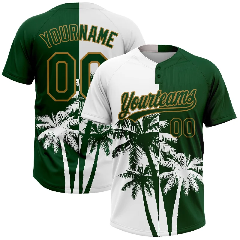 Custom White Green-Old Gold 3D Pattern Hawaii Coconut Trees Two-Button Unisex Softball Jersey Ash Gray Jersey Tee