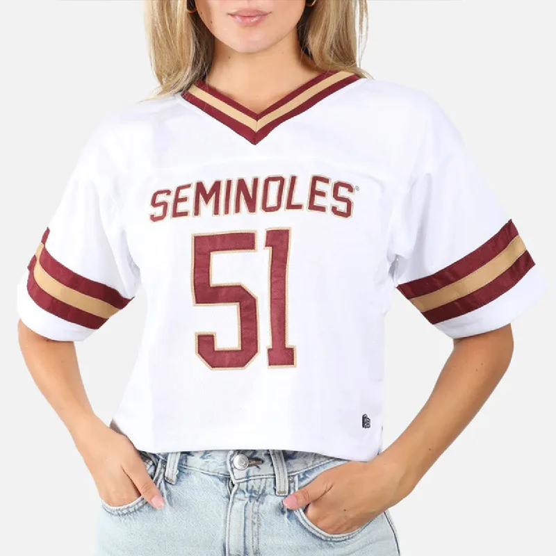 Hype & Vice Women's Seminoles 51 Crop Football Jersey - White Geometric Jersey Top