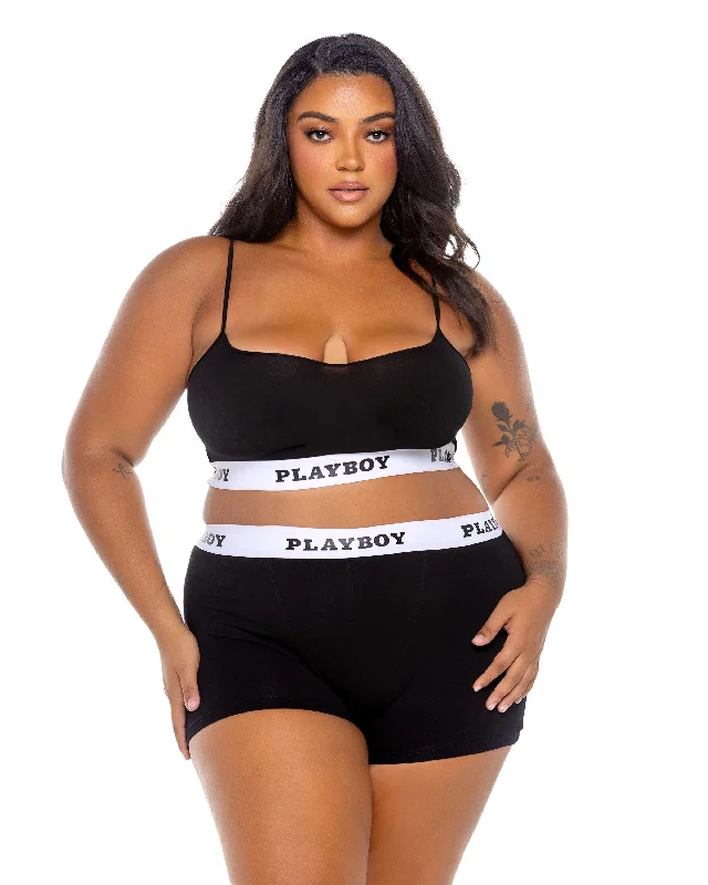 Playboy Bunny Sport Lounge Bralette Bra Set Jersey Knit Black Plus Size Striped Jersey Top