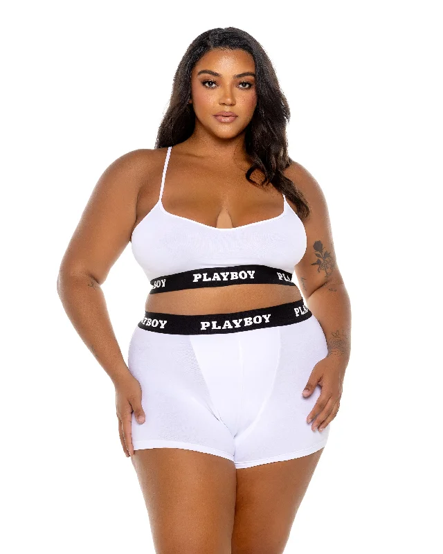 Playboy Bunny Sport Lounge Bralette Bra Set Jersey Knit White Plus Size Patterned Jersey Tee