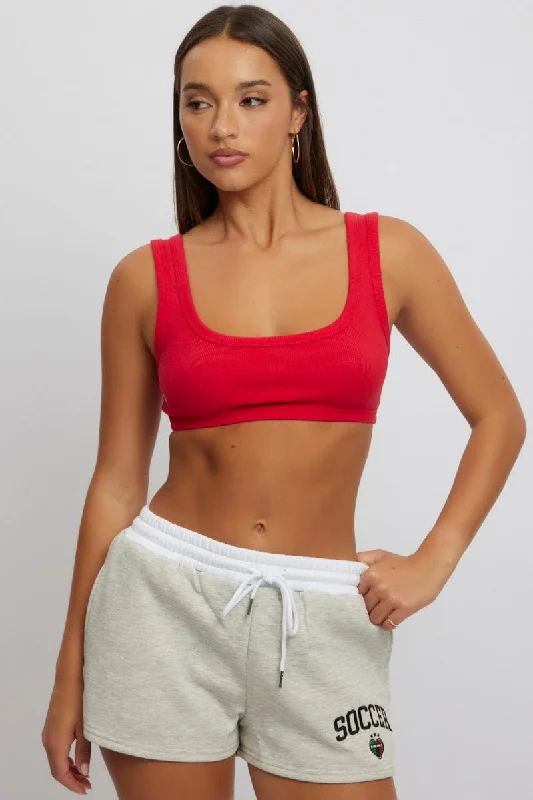 Red Bralette Rib Jersey Turtle Neck Jersey Shirt