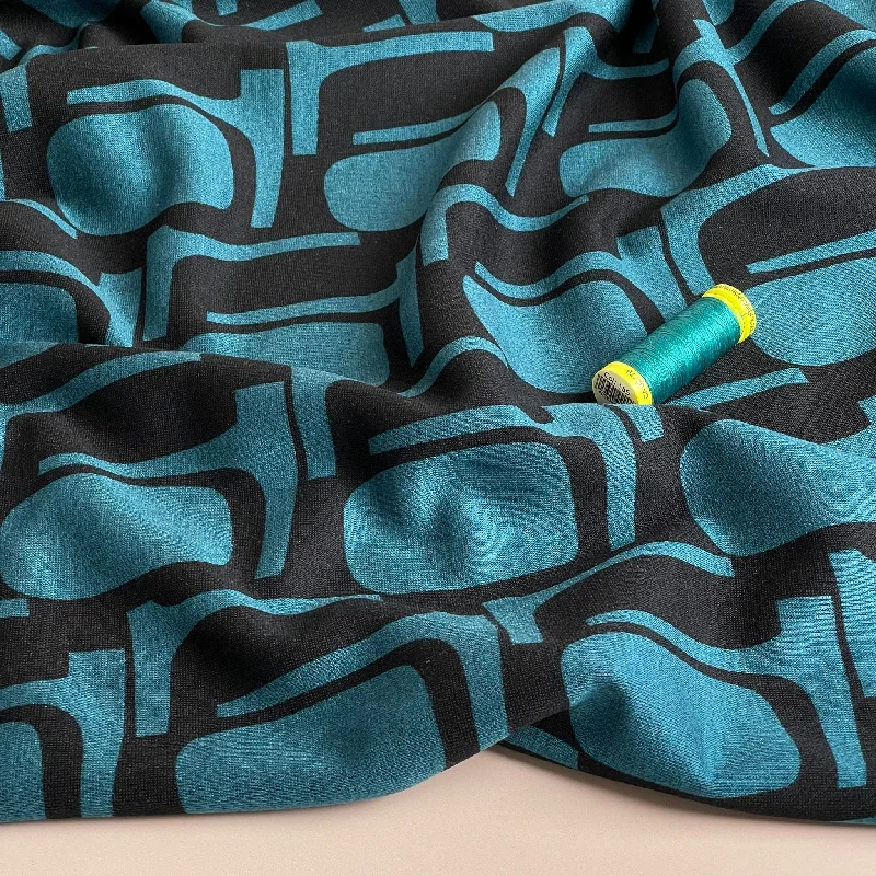 REMNANT 0.68 metre - Abstract Shapes in Petrol Soft Ponte Interlock Jersey Fabric Evening Jersey Tee
